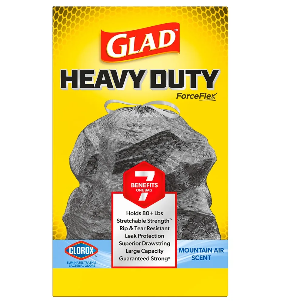 Package shot of Glad Heavy Duty ForceFlex bags with lLorox with Mountain Air scent