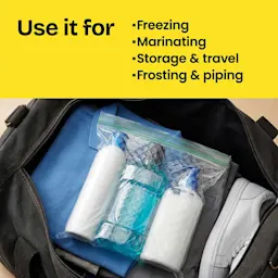 A zipper bag with toiletries. The words "Use it for: freezing, marinating, storage, frosting" above in a yellow panel.