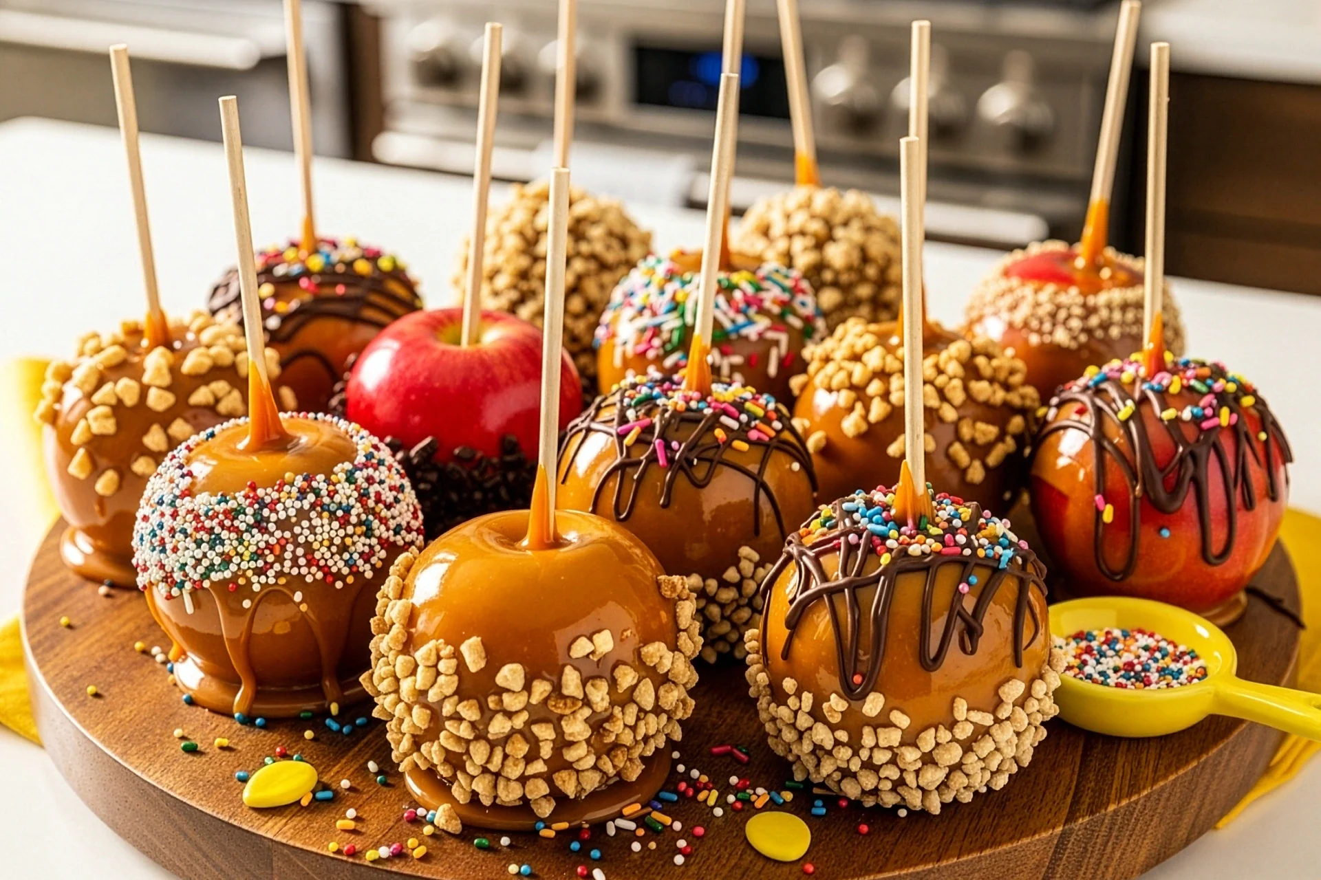 Various kinds of caramel and candy coated apples sitting on a wooden platter