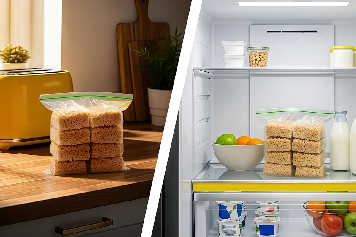 Side by side images: A bag of rice crispy squares in a zipper storage bag on a countertop, and the same bag in a refrigerator