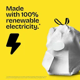 A white bag of trash on a yellow background with the words "Made with 100% renewable electricity." and a black lightning bolt