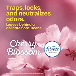 The words "Traps, locks and neutralizes odors. Leaves behind a tropical scent. Cherry Blossom" and a febreze freshness logo over a pink cherry blossom background