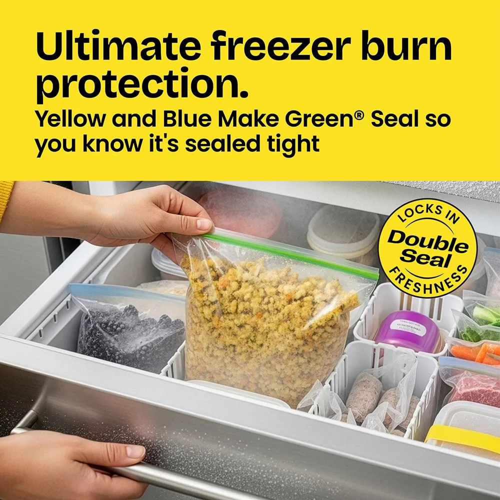 Person putting food in a bag in a freezer. The word "Ultimate freezer burn protection" in a yellow panel above.