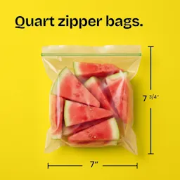 Watermelon slices in a 7-3/4" x 7" zipper bag on a yellow background and the words "Quart zipper bags" above in black