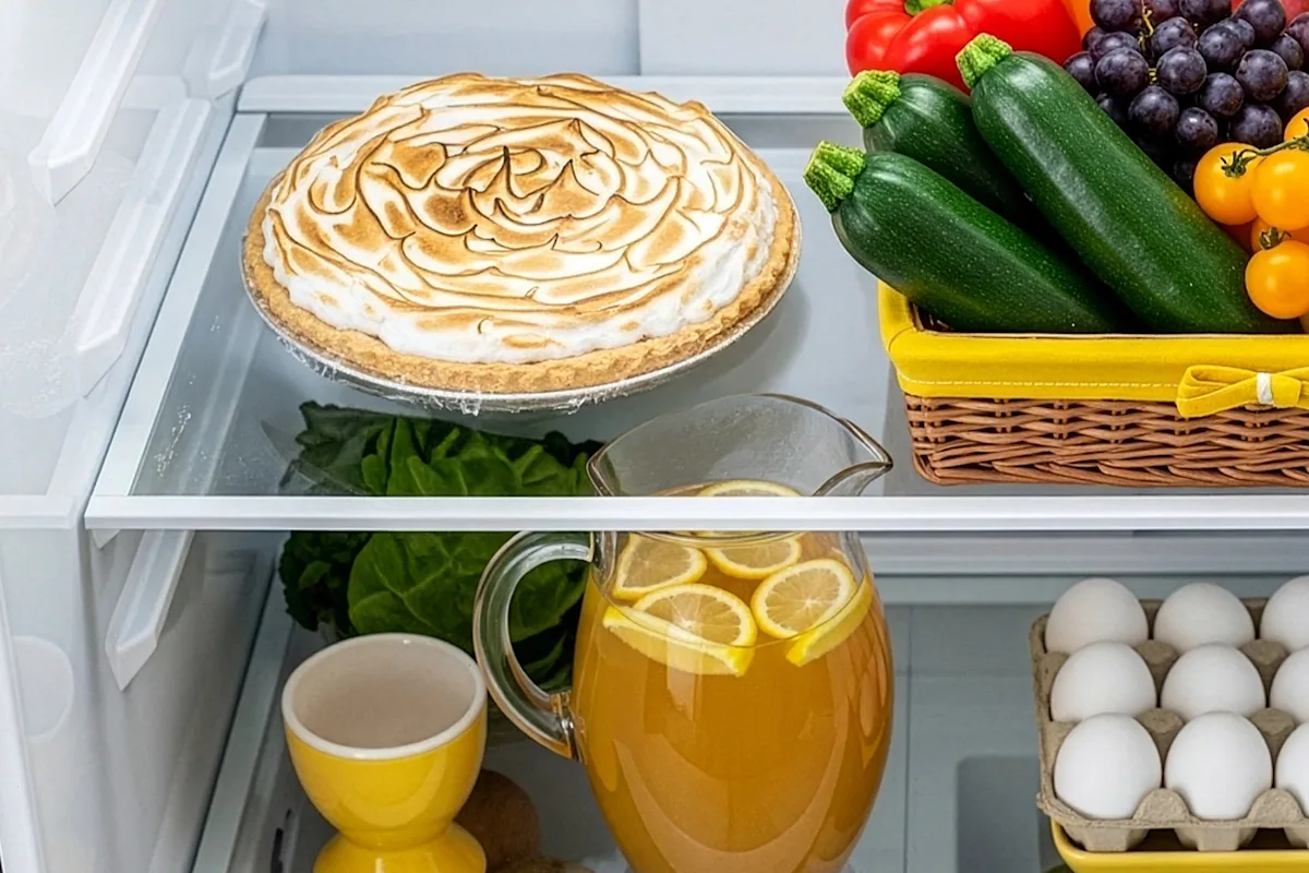 A cream pie in a refrigerator