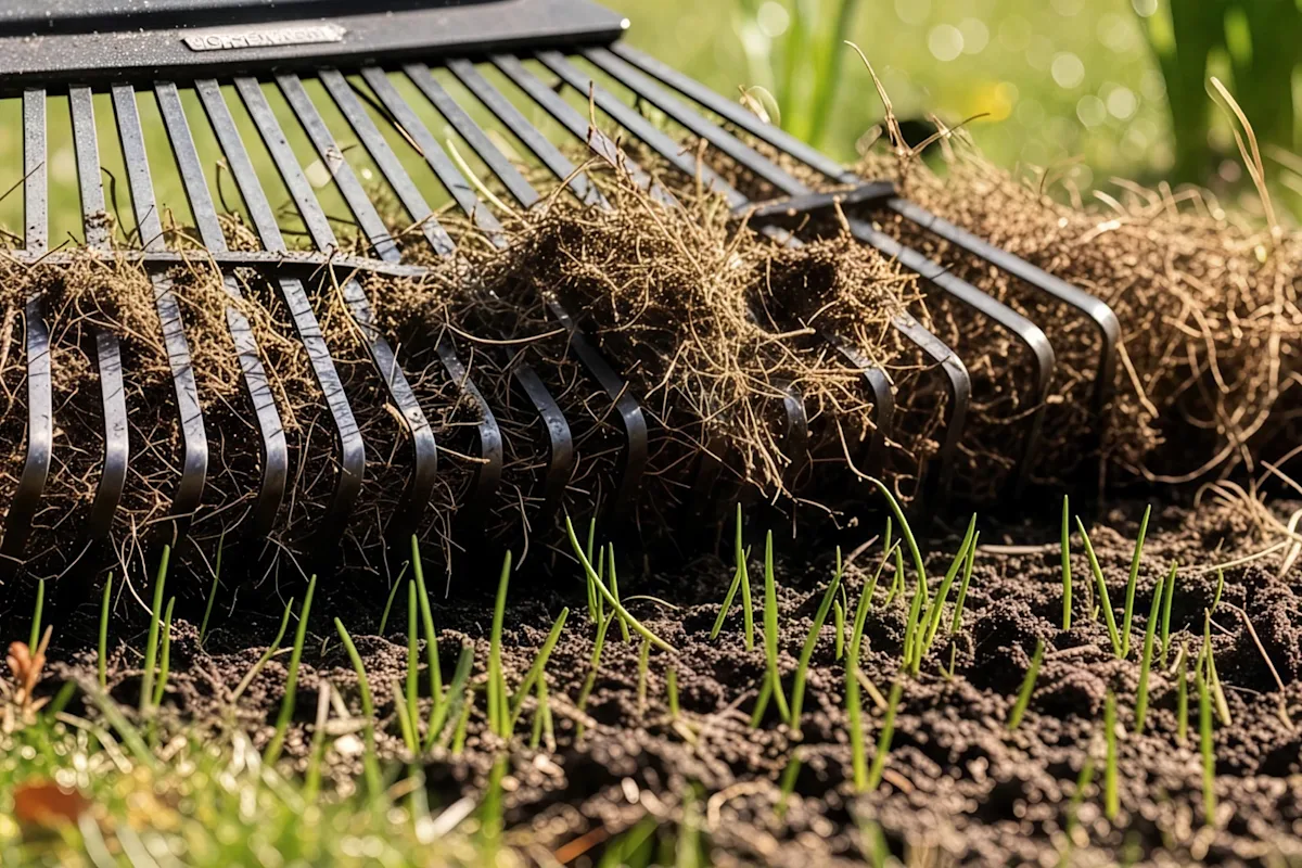 A rake gathering up dry pieces of dead grass