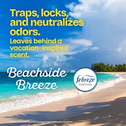 The words "Traps, locks and neutralizes odors. Leaves behind a vacation-inspired scent. Beachside Breeze" and a febreze freshness logo over a beach background