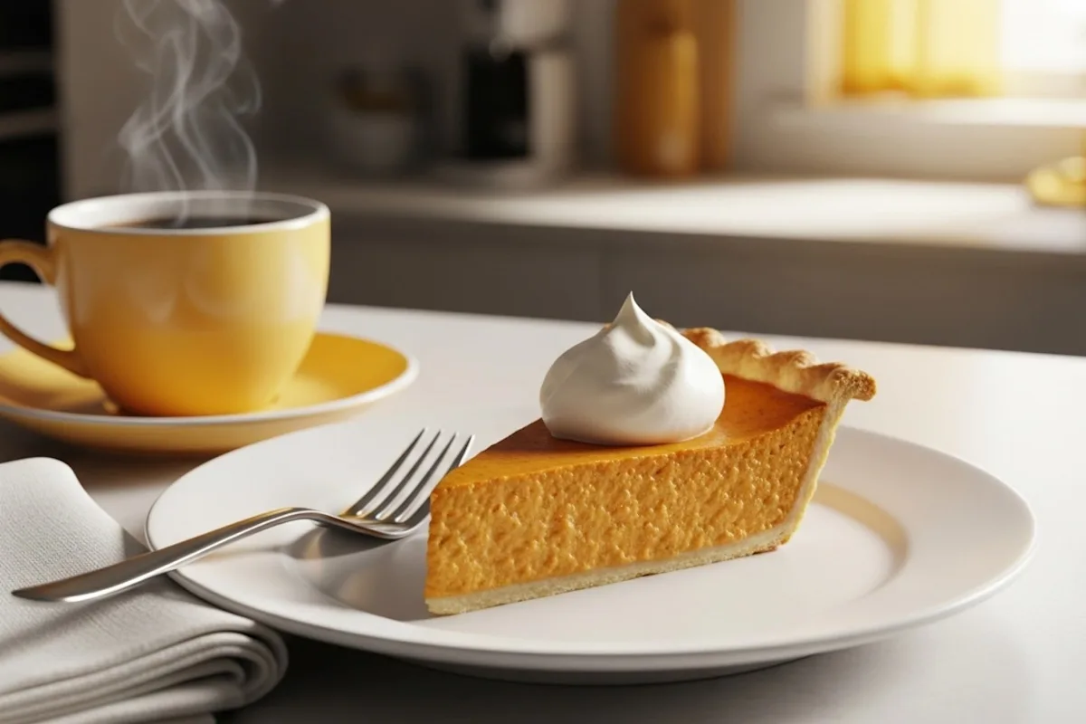 A slice of pumpkin pie with a dollop of whipped cream on top on a plate with a fork next to it. A cup of steaming hot coffee in the background.
