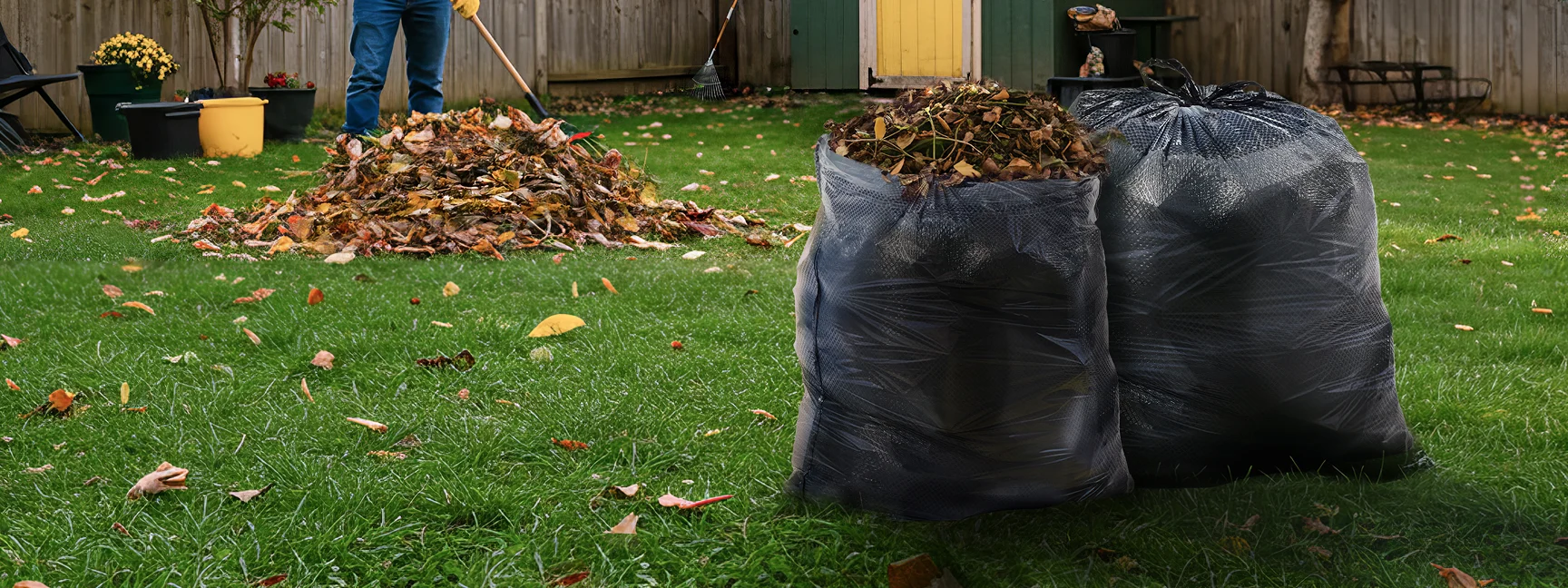 Two black trash bags filled with leaves on the grass in a backyard where someone is raking up leaves.