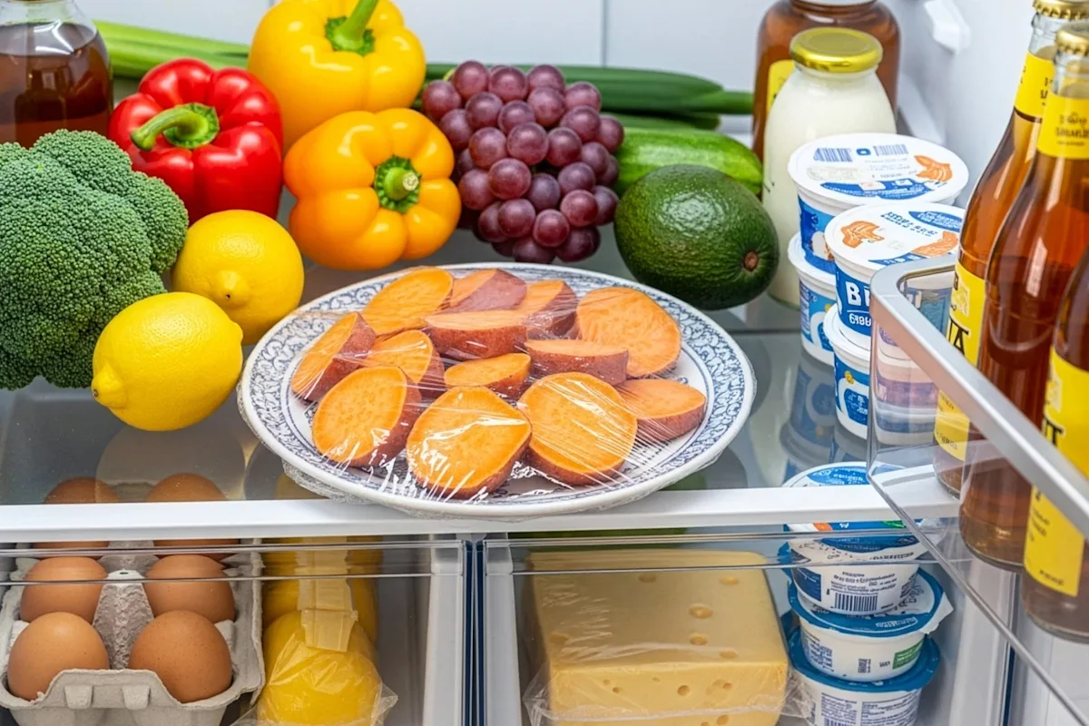 Plate of cooked sweet potatoes covered with Cling'n Seal and sitting on a refrigerator shelf surrounded by fruits and veggies.