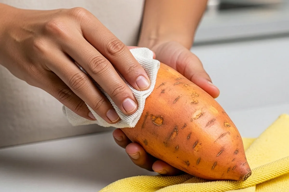 Hand wiping off a raw sweet potato
