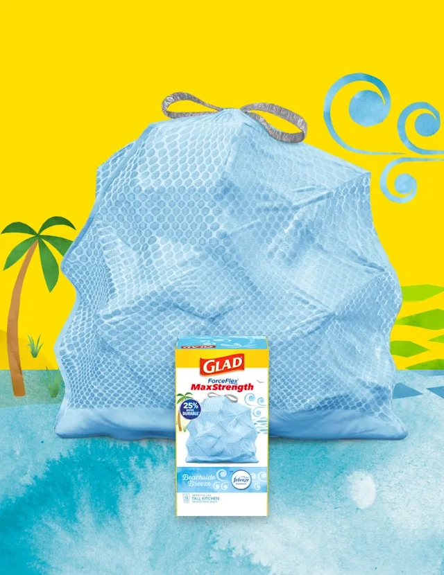 Blue trash bag with yellow and blue water color background, illustations of palm trees and wind swirls.