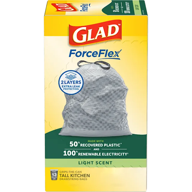 Glad ForceFlex 13 gallon bag made with 50% recovered plastic with a light scent