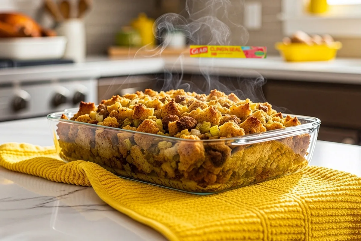 Steaming hot stuffing cooling on a yellow towel on a kitchen counter.