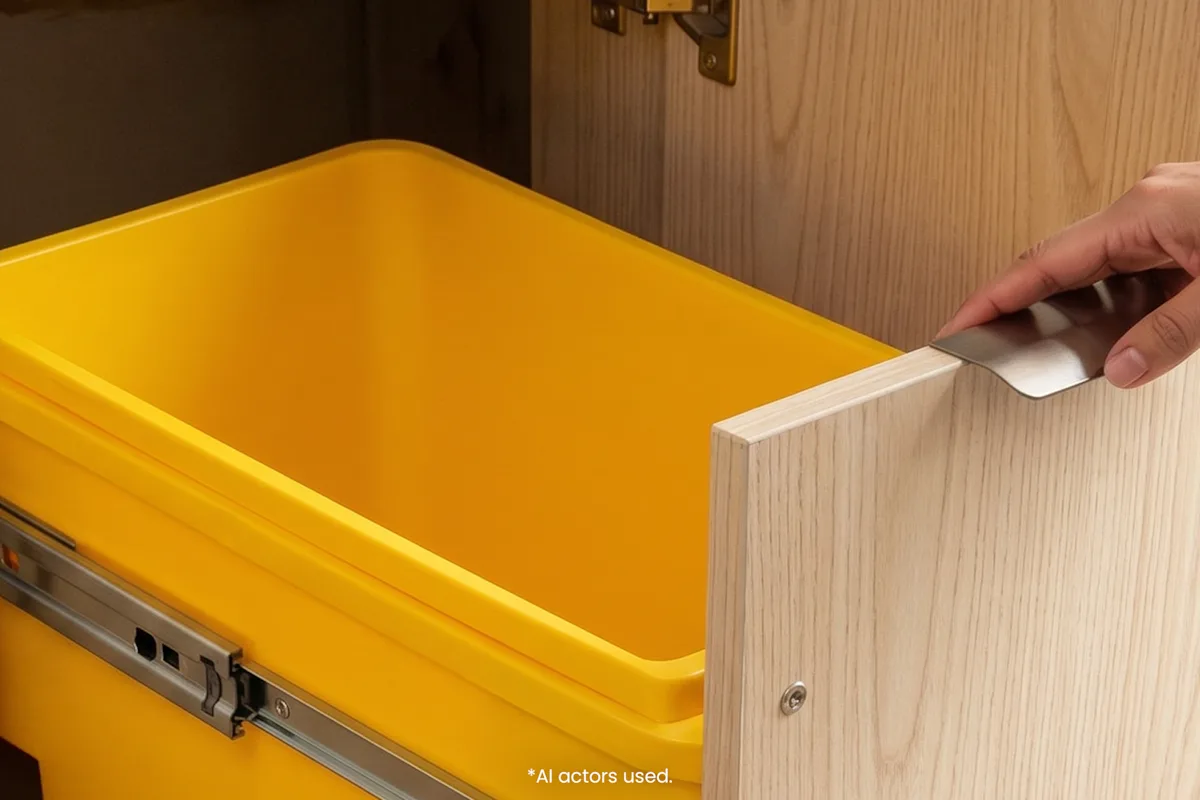 Pull-out cabinet drawer with a hidden trash bin in a kitchen cabinet.