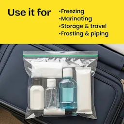 A zipper bag with toiletries. The words "Use it for: freezing, marinating, storage, frosting" above in a yellow panel.