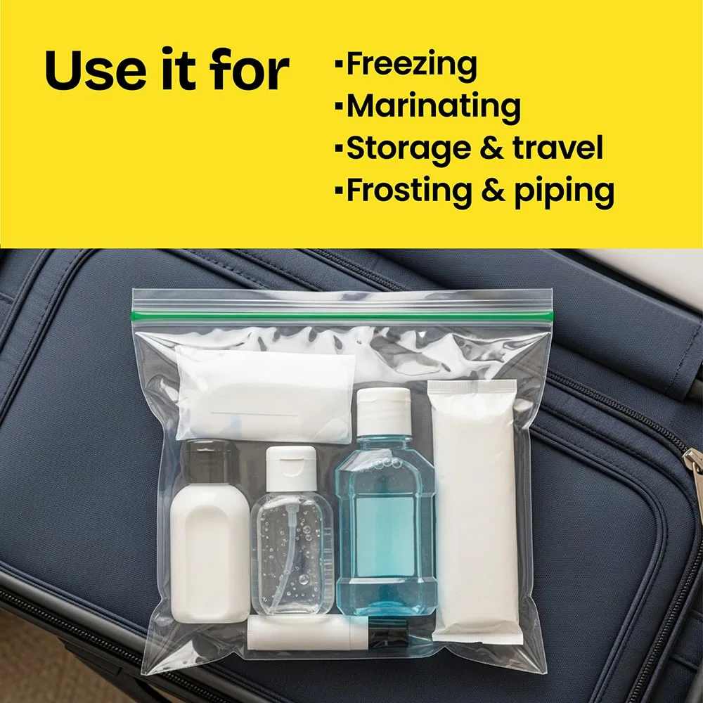 A zipper bag with toiletries. The words "Use it for: freezing, marinating, storage, frosting" above in a yellow panel.