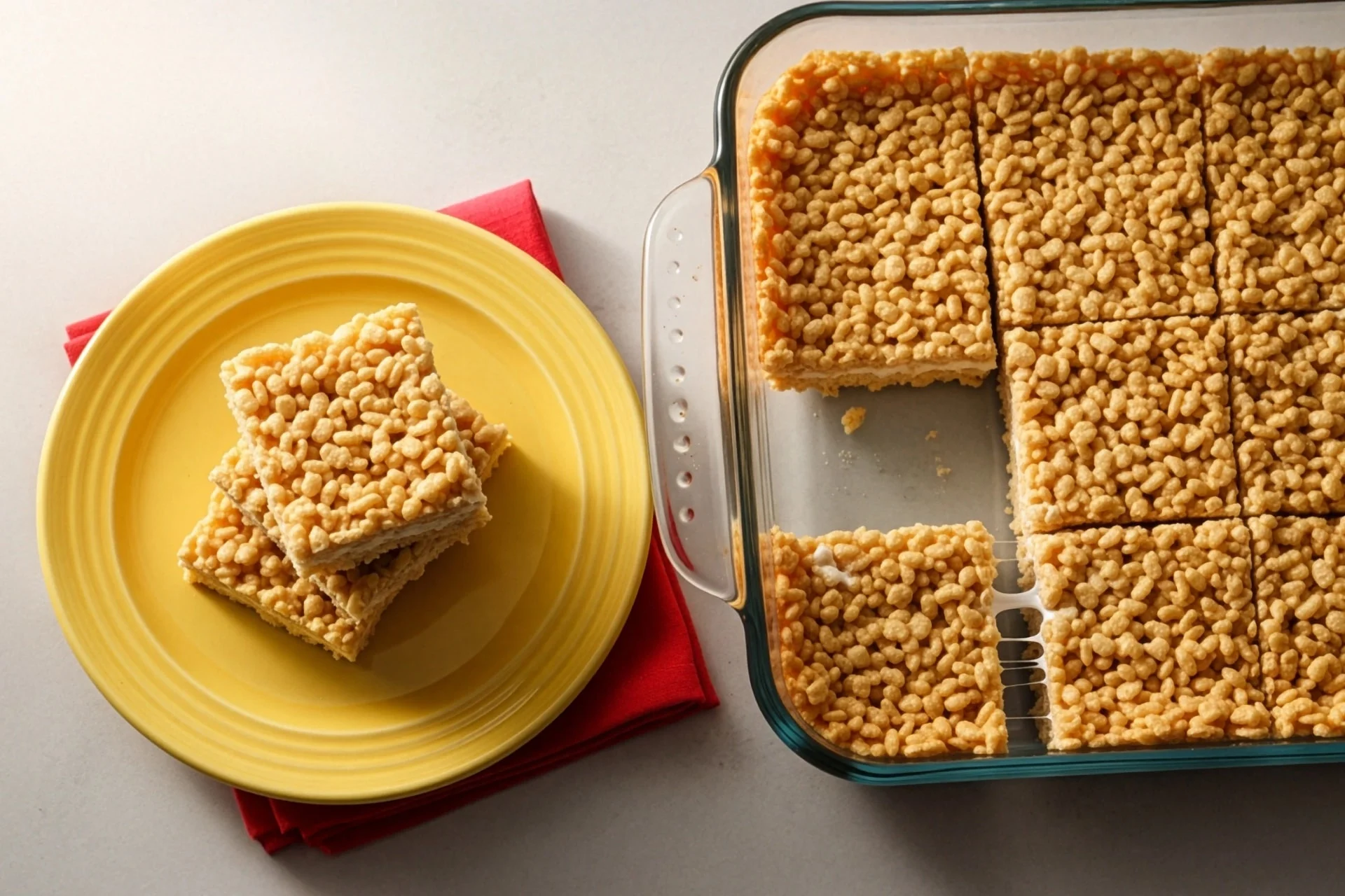 Rice Crispy squares in a baking dish with two squares cut out and put on a yellow plates