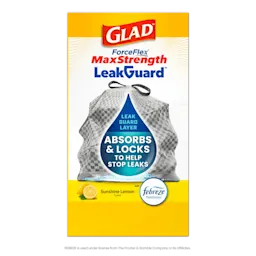 A package of Glad ForceFlex MaxStrength LeakGuard trash bags in Sunshine Lemon scent