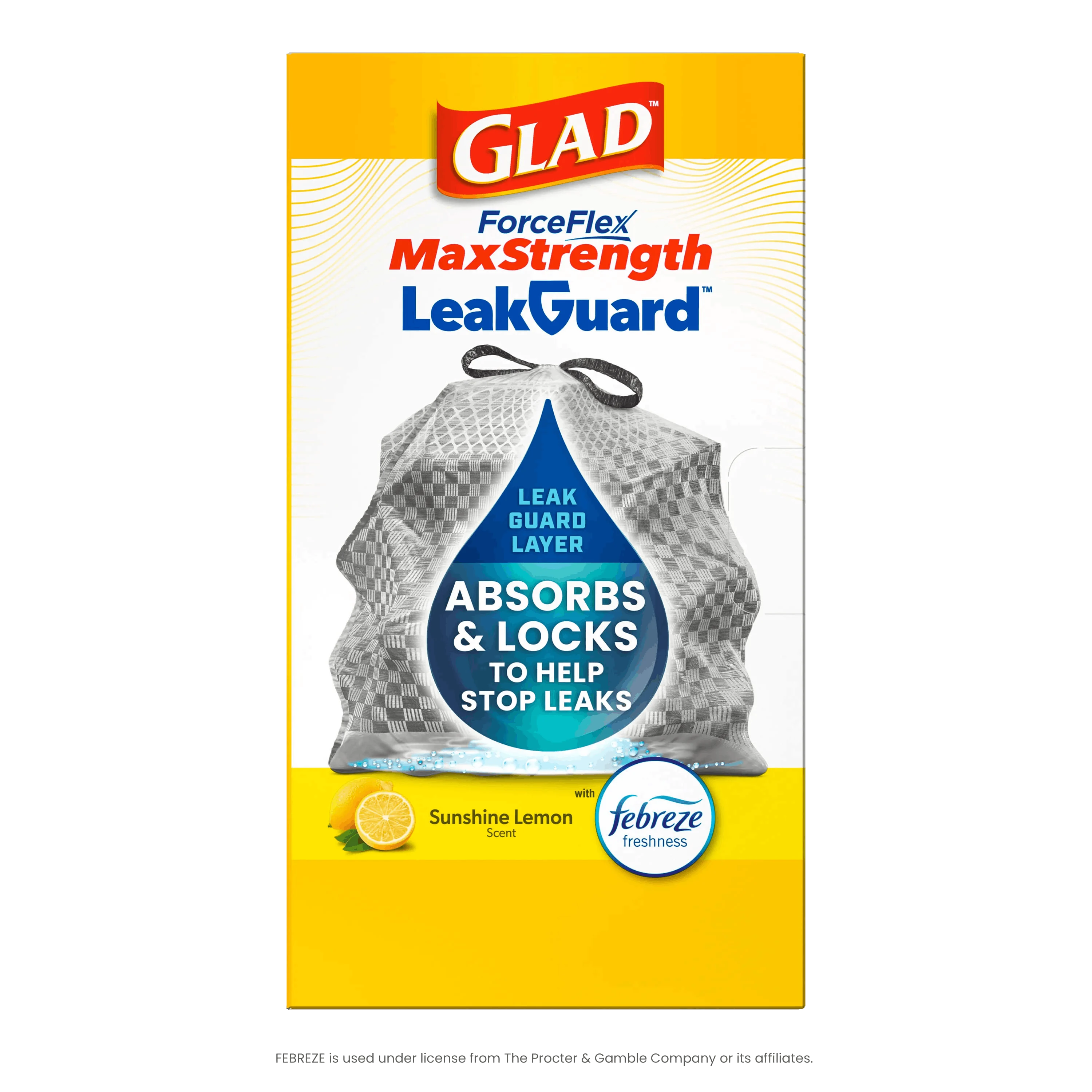 A package of Glad ForceFlex MaxStrength LeakGuard trash bags in Sunshine Lemon scent