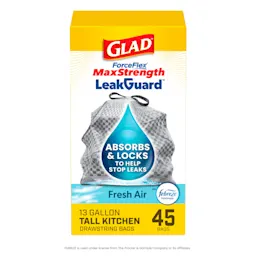 A package of Glad ForceFlex MaxStrength LeakGuard trash bags in Fresh Air scent