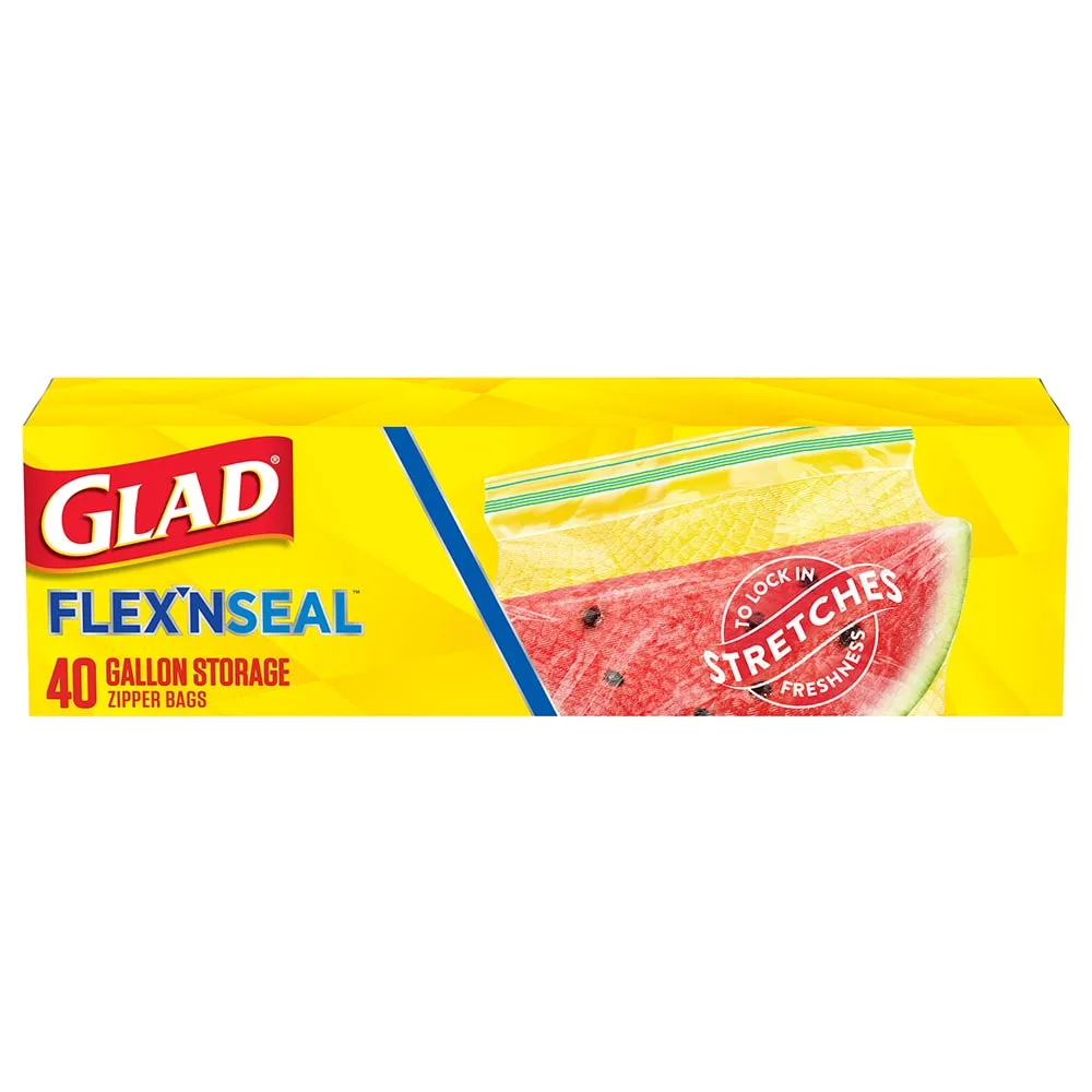 A package of Glad Flex'n Seal gallon size zipper bag