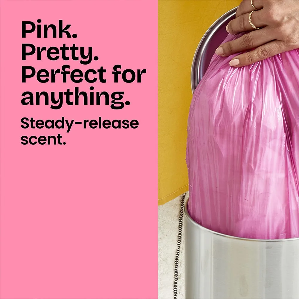 A person pulling a pink-colored trash bag out of a trash can. The words "Pink. Pretty. Perfect for anything" in black type of pink