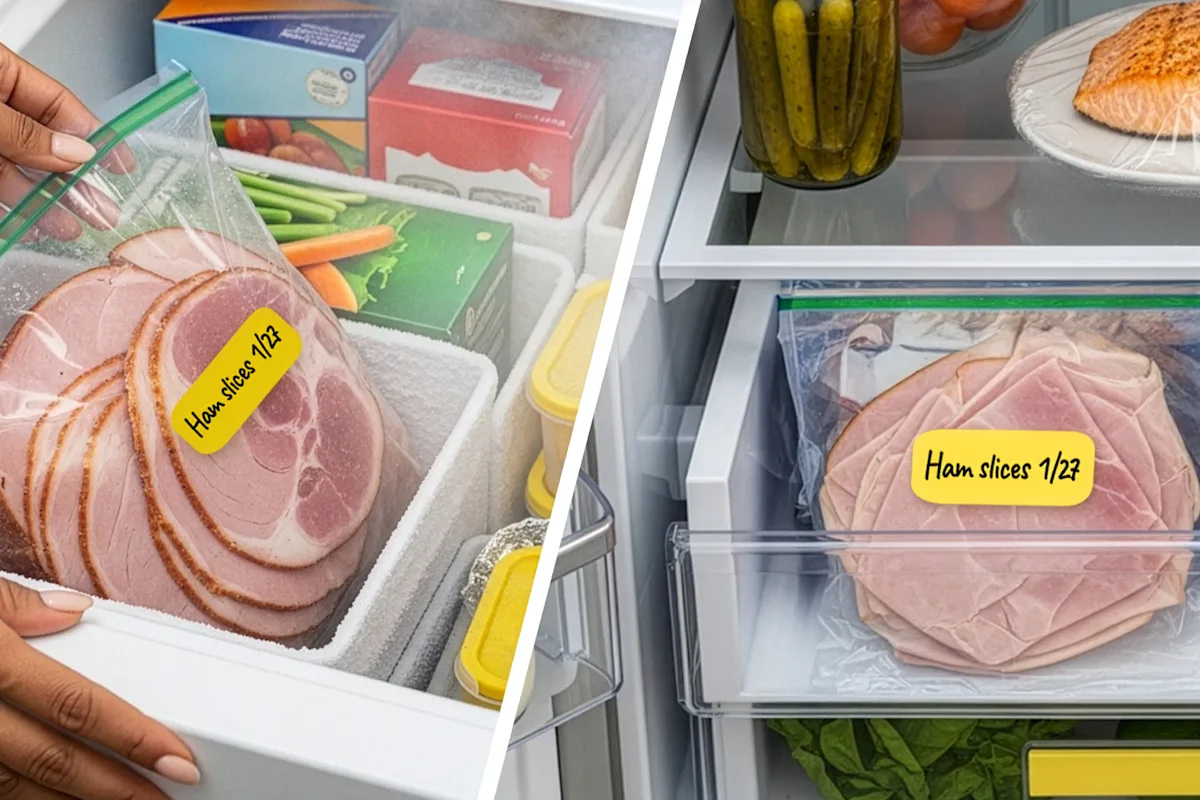 Side by side images of ham slices in a bag going into a freezer and bagged ham slices in the crisper drawer of a fridge