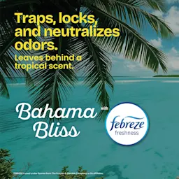 The words "Traps, locks and neutralizes odors. Leaves behind a tropical scent. Bahama Bliss" and a febreze freshness logo over a tropical island background
