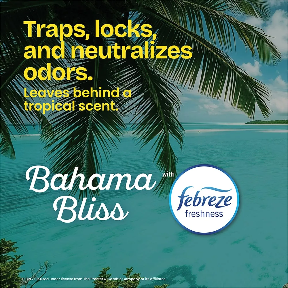The words "Traps, locks and neutralizes odors. Leaves behind a tropical scent. Bahama Bliss" and a febreze freshness logo over a tropical island background