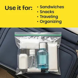 A zipper bag with toiletries. The words "Use it for: sandwiches, snacks, traveling, organizing" above in a yellow panel.