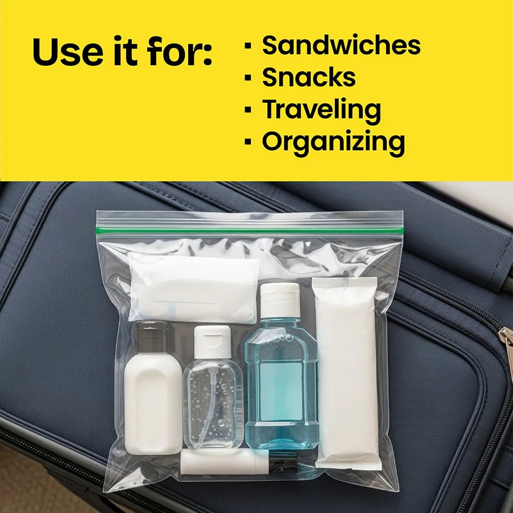 A zipper bag with toiletries. The words "Use it for: sandwiches, snacks, traveling, organizing" above in a yellow panel.