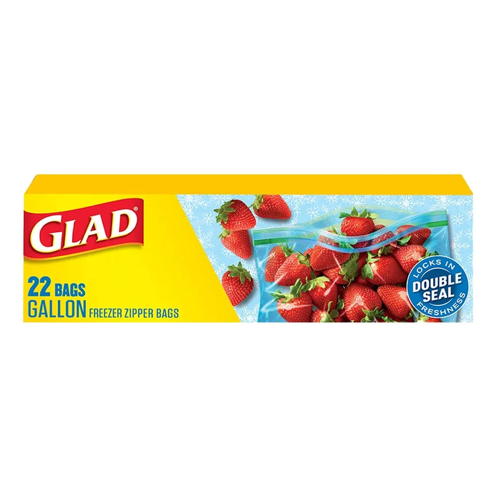 Package of Glad Freezer Zipper bags Gallon
