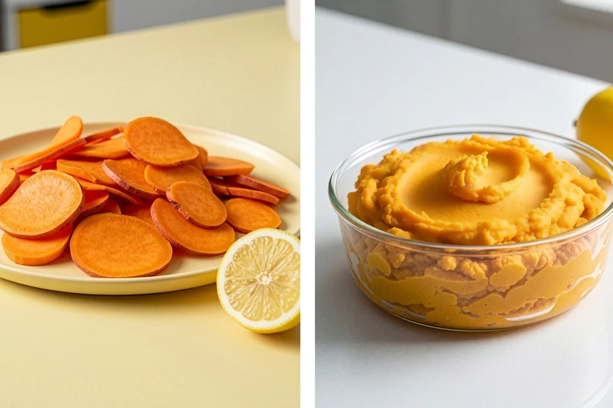 Side by side shots of sliced sweet potatoes with a lemon and mashed sweet potatoes in a bowl
