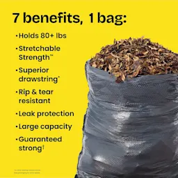 A black trash bag full of leaves. On the right, a yellow panel with the words "7 benefits, 1 bag" and various claims including holds 80+ lbs and Stretchable Strength