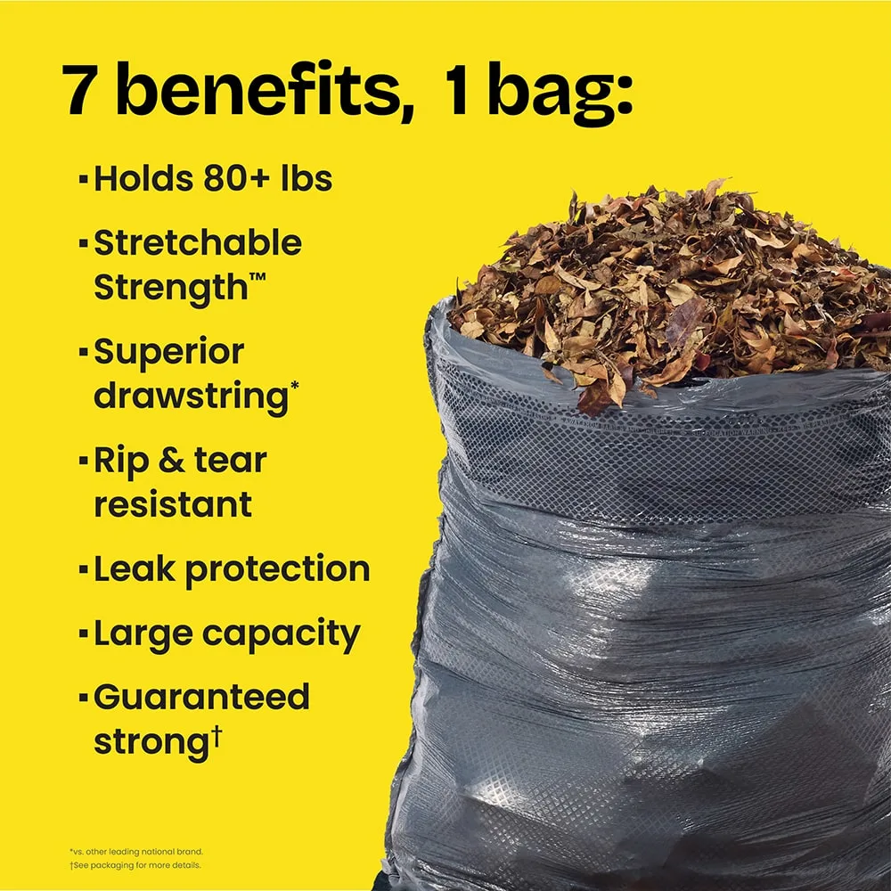 A black trash bag full of leaves. On the right, a yellow panel with the words "7 benefits, 1 bag" and various claims including holds 80+ lbs and Stretchable Strength