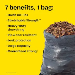 A black trash bag full of leaves on a yellow background with the words "7 benefits, 1 bag" and various claims including holds 80+ lbs and Stretchable Strength