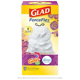 Package shot of Glad ForceFlex Tall Kitchen bags with Gain Moonlight Breeze scent