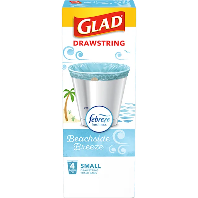 Glad Drawstring Beachside Breeze small trash bags with Febreze freshness, suitable for 4-gallon cans.