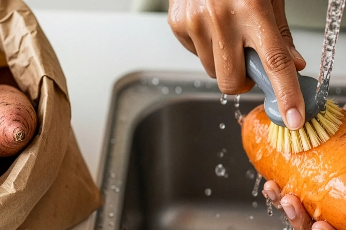 A hand scrubbing a sweet potato with a brush under running water from a kitchen sink faucet.