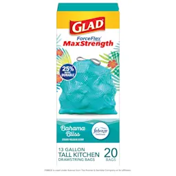 Package shot of Glad ForceFlex MaxStrength Tall Kitchen bags with Bahama Bliss scent