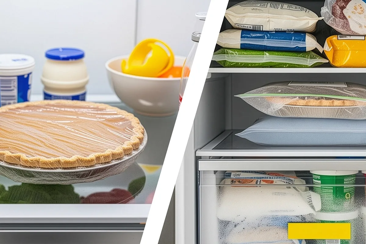 Side by side images of a pumpkin pie wrapped in Cling'N Seal wrap in the refrgerator and a pumpkin pie in a Zipper Freezer Bag in the freezer