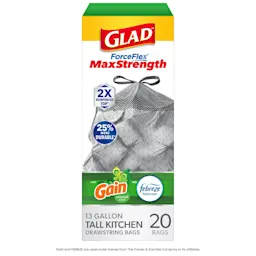 Package shot of Glad ForceFlex MaxStrength Tall Kitchen bags with Gain scent