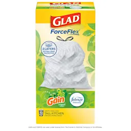 Package shot of Glad ForceFlex Tall Kitchen bags with Gain Original scent