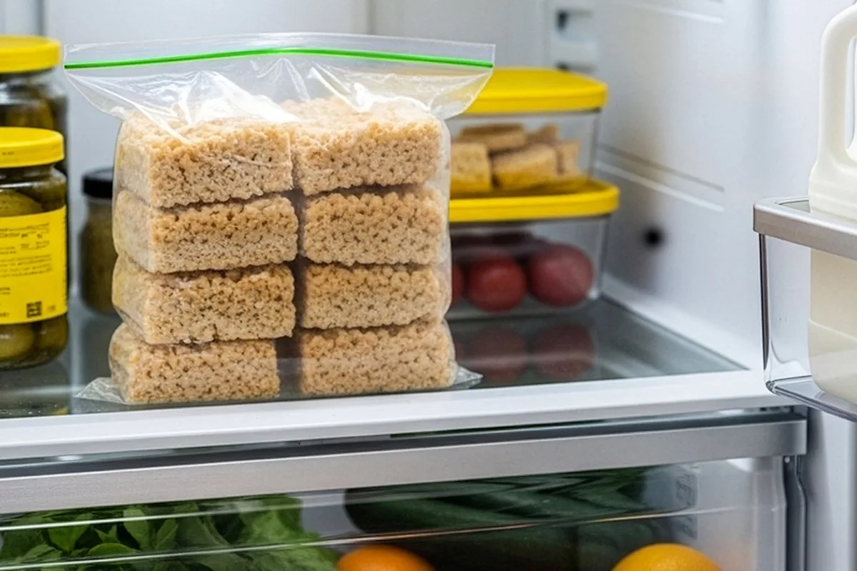 Rice crispy squares in a zipper storage bag on a shelf in a refrigerator