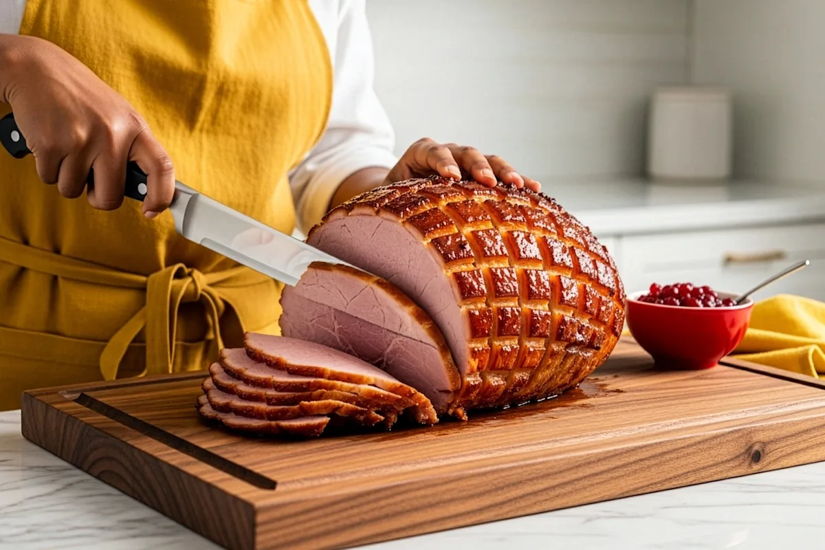 A person in a yellow apron carving a cooked ham