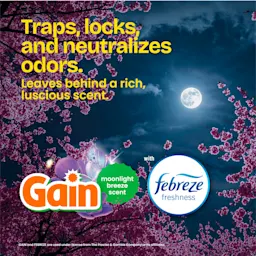 The words "Traps, locks and neutralizes odors. Leaves behind a rich, luscious scent. Moonlight Breeze." and a febreze freshness logo over a dark night sky background
