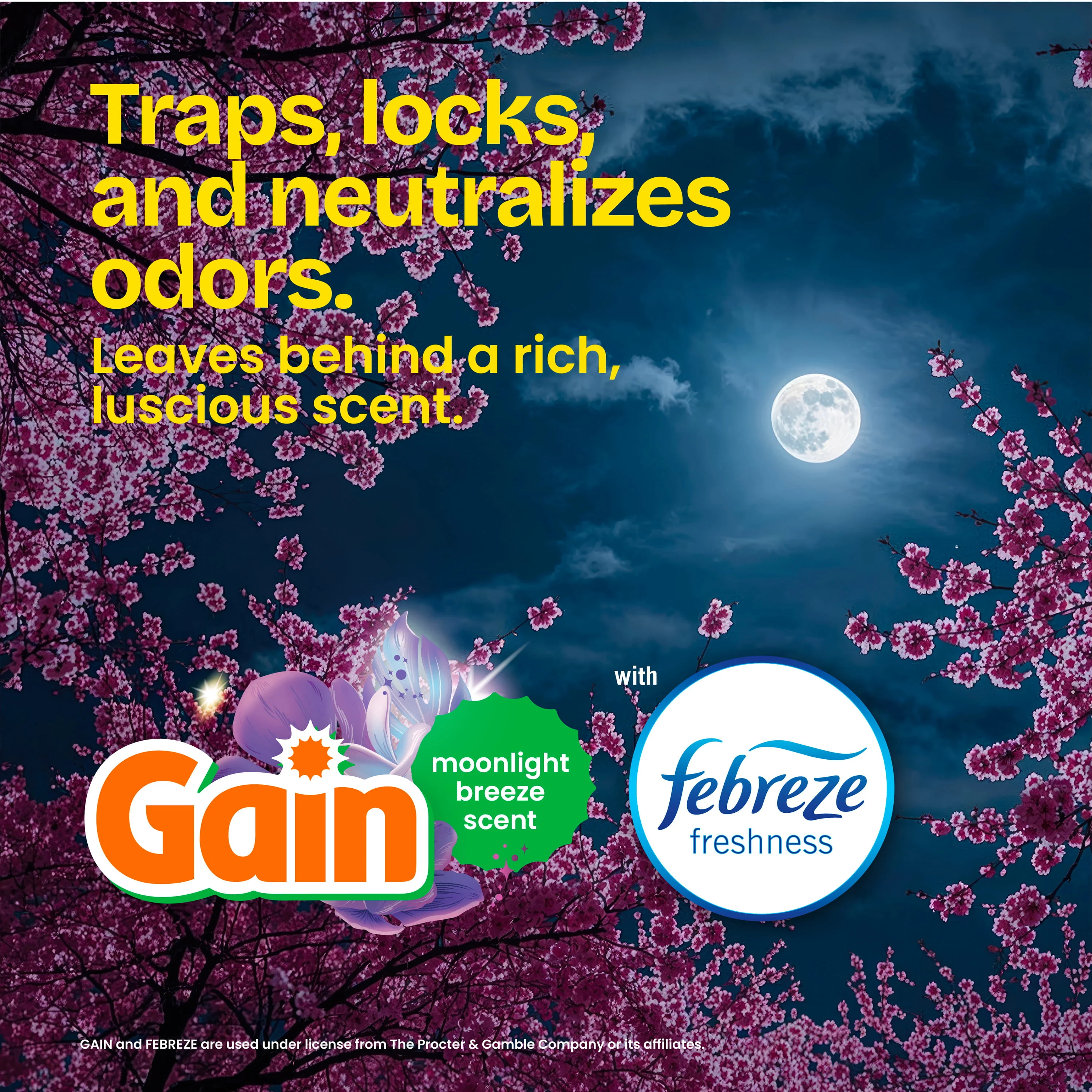The words "Traps, locks and neutralizes odors. Leaves behind a rich, luscious scent. Moonlight Breeze." and a febreze freshness logo over a dark night sky background