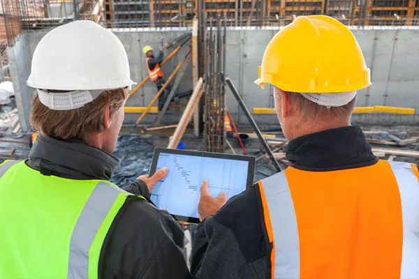 Two construction executives at a construction site looking at an iPad