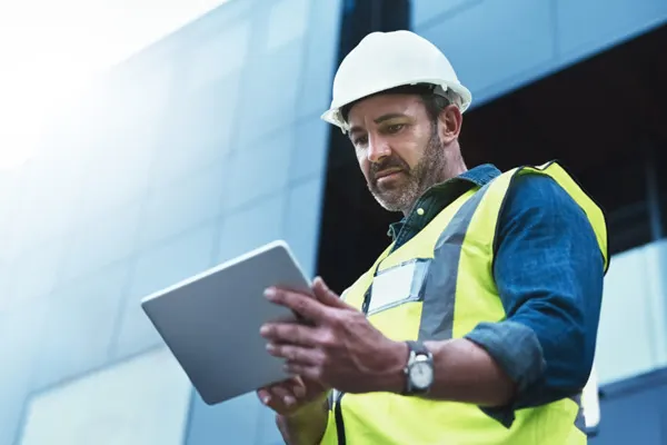 Male construction worker looking at an iPad THUMBNAIL